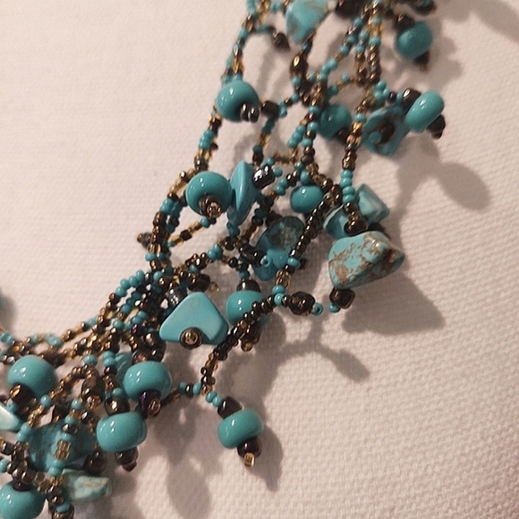 Multi Strand Handmade Turquoise and Bronze Beaded Necklace - Picture 7 of 12
